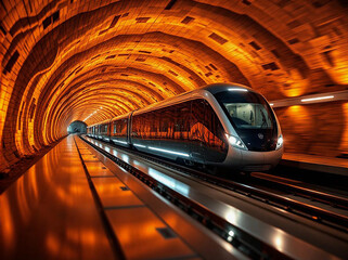 Gray high-speed train in the tunnel. Futuristic transportation.