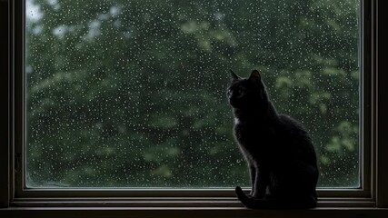 Silhouette of black cat sitting at window during rainy weather with raindrops on glass and nature outside. Moody scene with peaceful feline relaxing indoors on quiet stormy day