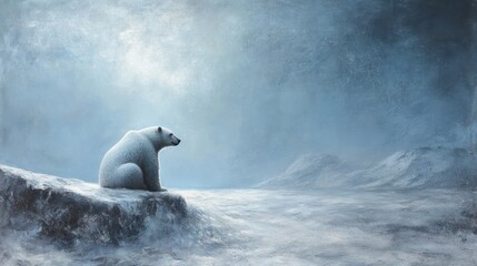 A solitary polar bear sits contemplating in a cold arctic landscape