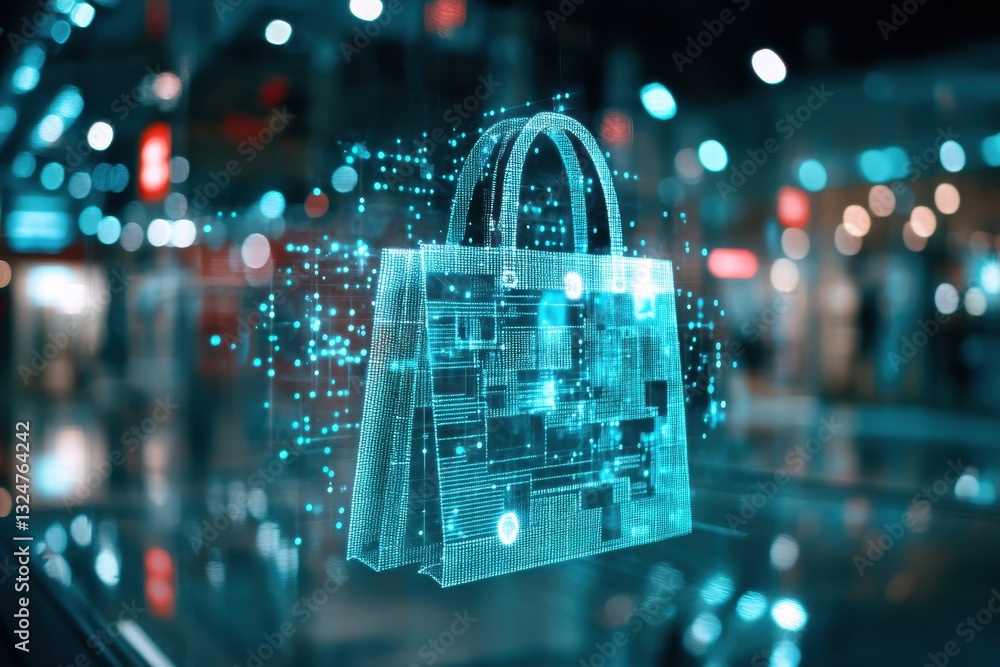 Poster data processing visualized over a shopping bag in a modern retail environment, data processing over 