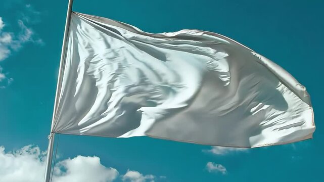 A sheet of white flag flying in the blue sky. The concept of an international sign of a truce, a ceasefire, a request from one of the parties to the conflict to negotiate.
