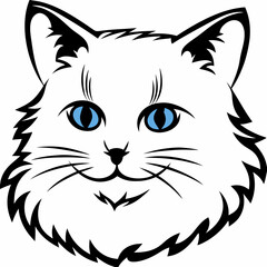 Obraz premium A stylized black and white illustration of a cute cat with blue eyes, showcasing its fluffy fur and expressive face in a clean and minimalistic digital design.