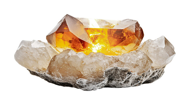 Vibrant citrine crystal cluster with clear quartz, cut out