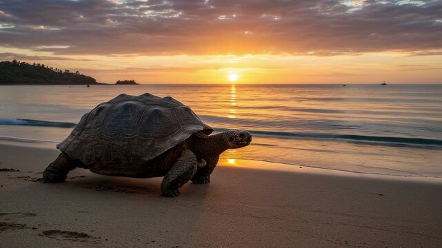 Turtle, nature and ocean with giant turtle walking on beach at sunrise for wildlife, environment and slow movement. Sand, sea and morning light for natural animal behavior and conservation