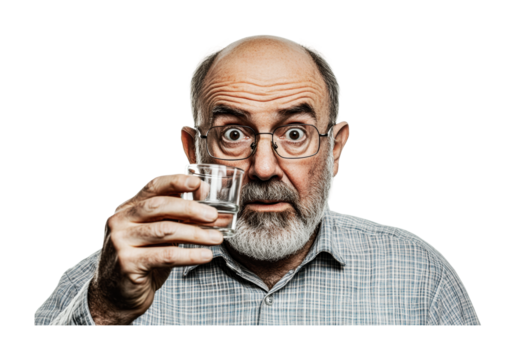 Elderly caucasian male holding glass with surprised expression, cut out - Powered by Adobe