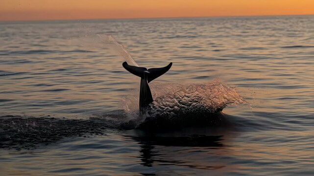 Dolphin, ocean and nature with wild marine mammal jumping from water at sunset for wildlife, freedom and aquatic life. Splash, sea and horizon for beauty, movement and evening scene