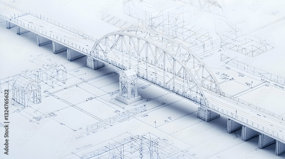 Poster 3d rendered white abstract cityscape with bridge structure dotted texture background in modern minim