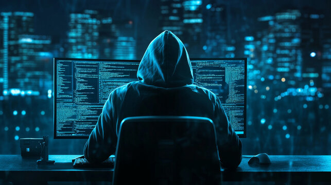 Abstract digital hacker. Cyber security concept. A man wearing a hoodie with a hidden face in front of a computer. Cyber attack and data hack. Fraud man. 3D Vector polygonal wireframe illustration.