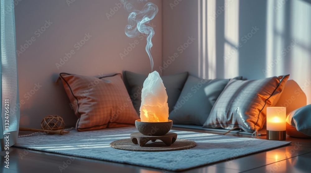 Poster cozy relaxation space with decorative lamp and pillows creating a calm, serene atmosphere with sooth