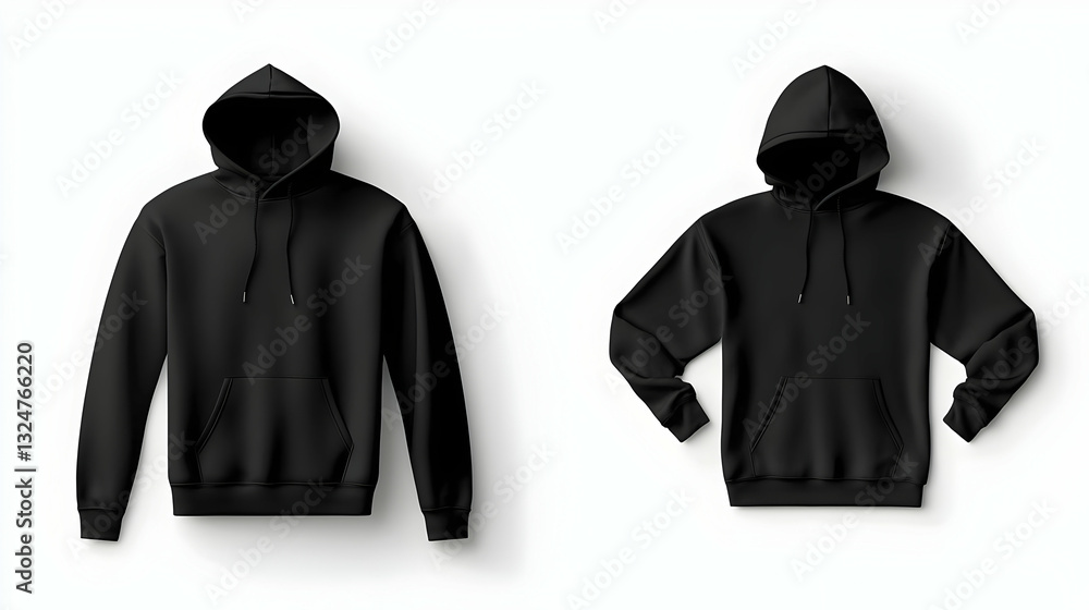 Poster two black hoodies front and back view mockup on white background with realistic 3d rendering for app