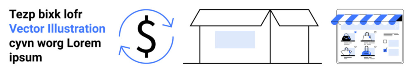 Currency exchange symbol with arrows, house icon, and e-commerce webpage illustration. Ideal for web design, e-commerce, business strategy, marketing, finance retail digital transformation. Landing