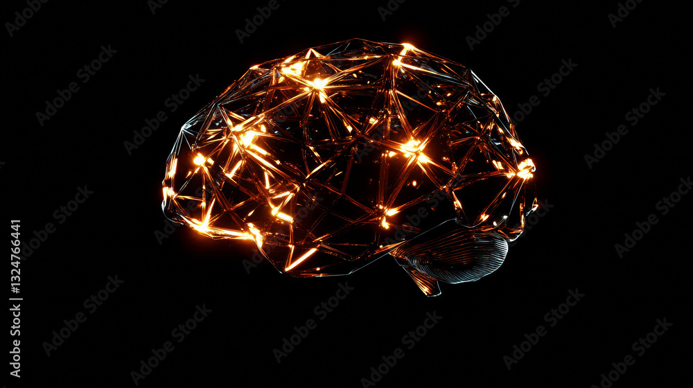 Poster polygonal human brain. the concept consists of polygons with luminous nodes at the intersections of 