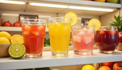 Fototapeta premium Vibrant refreshing beverages displayed on bright grocery shelves, shopping trip