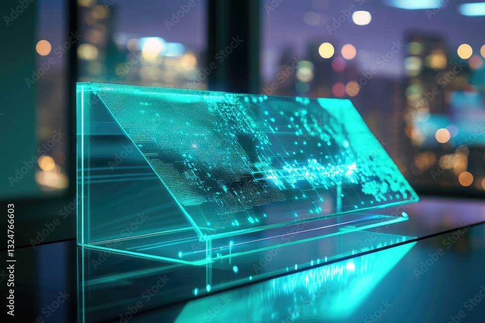 Poster futuristic transparent display showcasing a glowing teal data visualization of a world map, set agai