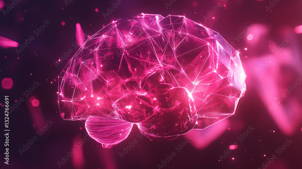 Poster polygonal human brain. the concept consists of polygons with luminous nodes at the intersections of 