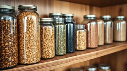 Pantry Shelf with Jars: A neatly organized pantry shelf displays glass jars filled with various dry goods.