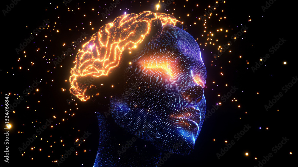 Poster polygonal human brain. the concept consists of polygons with luminous nodes at the intersections of 