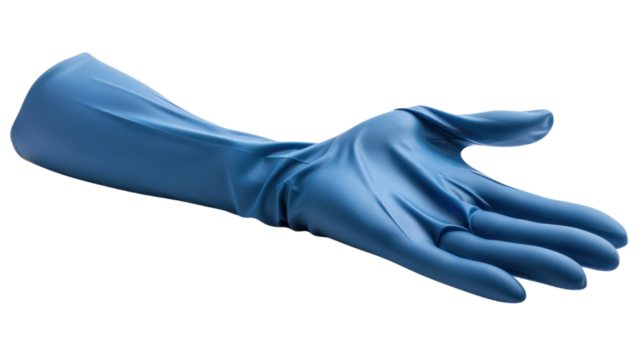 Blue latex glove offering help with transparent background