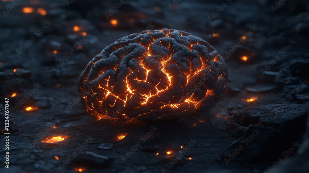 Poster polygonal human brain. the concept consists of polygons with luminous nodes at the intersections of 