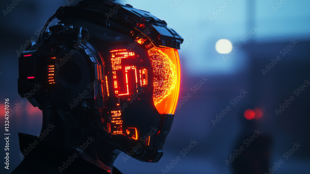 Poster ai. electronic brain. neon silhouette of human head with artificial intelligence hanging over palm h