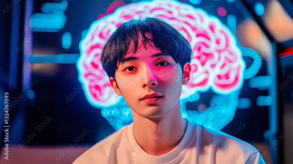 Poster ai. electronic brain. neon silhouette of human head with artificial intelligence hanging over palm h