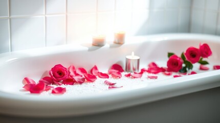 Bathtub with roses and candles creates a peaceful atmosphere for relaxation and self-care.