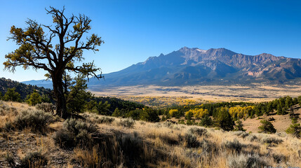 Panoramic View of Rocky Mountains and Valley with Sparse Trees and Brown Grass Under Blue Sky