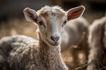 Obraz premium Close-up Portrait of a Young Lamb in a Barn