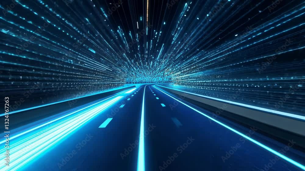 Poster futuristic highway journey through glowing digital space with speed and light trails
