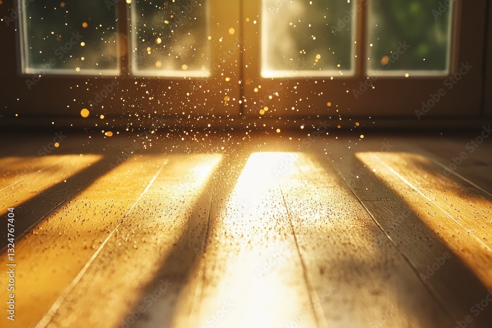 Poster sunlight streams through a window, illuminating a wooden floor with dust motes dancing in the golden