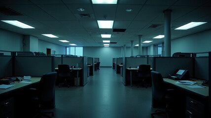 Fluorescent lights buzz overhead in a cubicle maze
