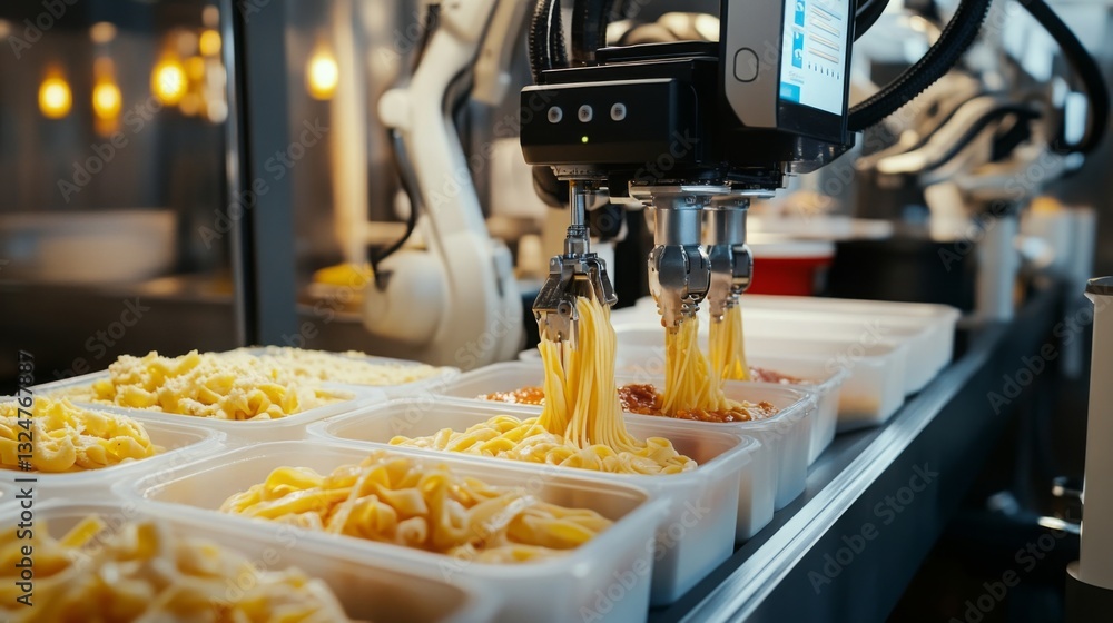 Aufkleber robotic arms expertly dispense pasta and sauce into containers on an automated production line.