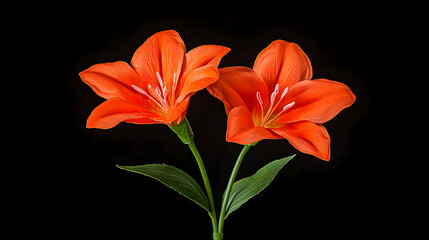 Obraz premium Two Vibrant Orange Lily Flowers with Water Droplets on Black Background
