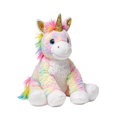 Fototapeta premium A whimsical rainbow unicorn plush with a golden horn multicolored mane and fluffy white hooves perfect for a touch of magic