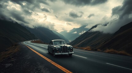 Obraz premium Classic car ascends winding road, mountain backdrop. Moody sky adds drama to the picturesque scene.