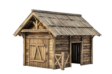 Rustic wooden shed with a slanted roof showcases skilled craftsmanship in a tranquil outdoor setting isolated on transparent background