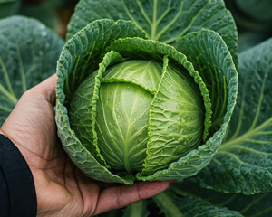 Obraz premium Hand holding freshly harvested cabbage with dewdrops on its leaves. Organic farming and fresh produce.