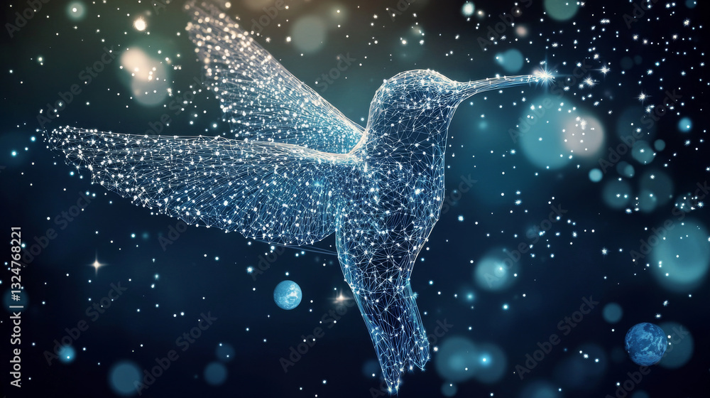 Poster abstract image of a colibri in the form of a starry sky or space, consisting of points, lines, and s