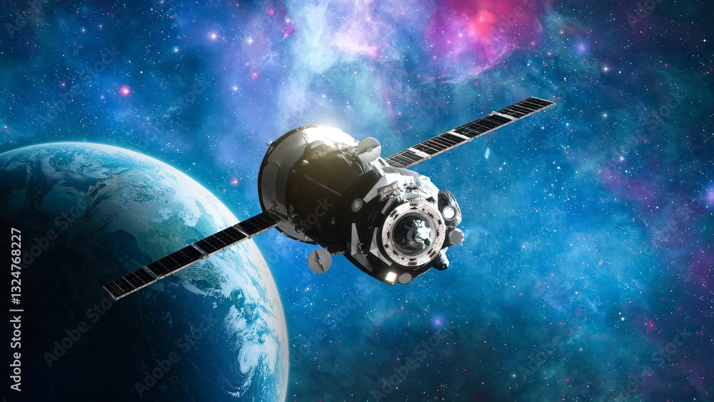 Poster Spacecraft with astronauts in outer space on orbit of Earth planet. Spaceship in bright space. Elements of this image furnished by NASA