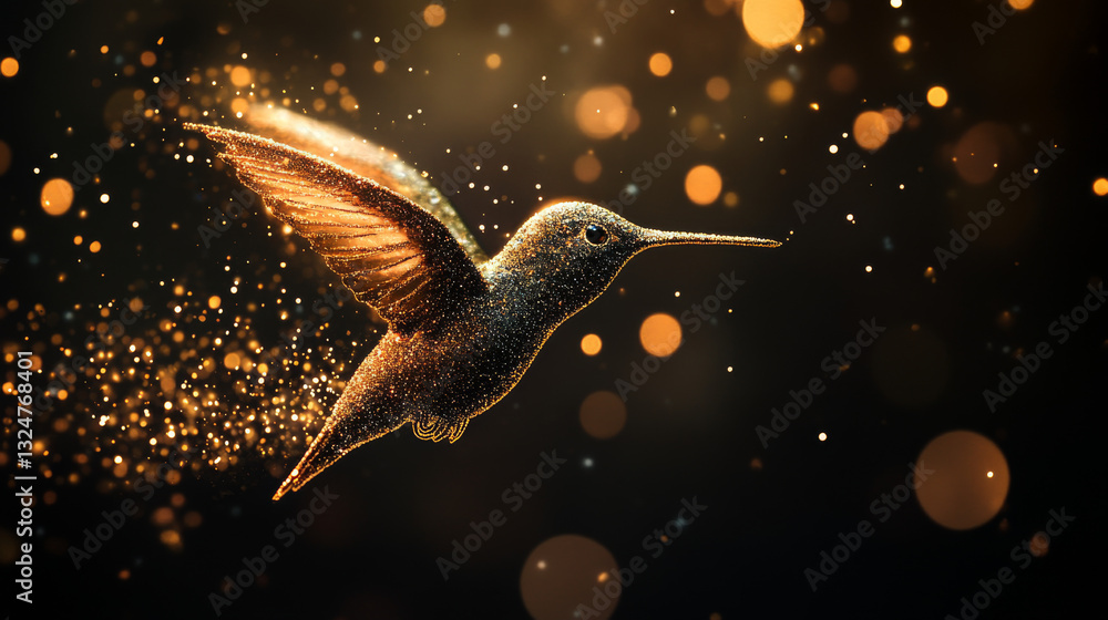 Poster low poly illustration of the hummingbird with a golden dust effect. sparkle stardust. glittering vec