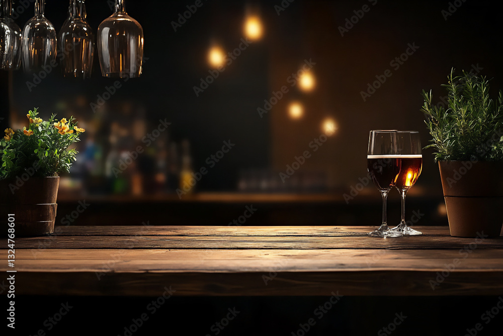 Poster blurred background of an empty table in front of the bar with bokeh lights
