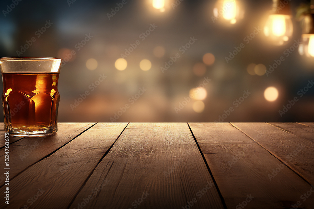 Poster blurred background of an empty table in front of the bar with lights and b