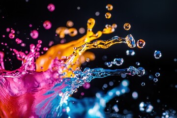 Dynamic liquid splashes create colorful patterns on a dark background, liquid shapes on black background