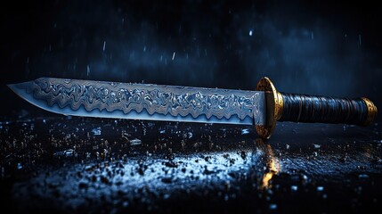 Ornate dagger, rain, dark background, reflection, fantasy