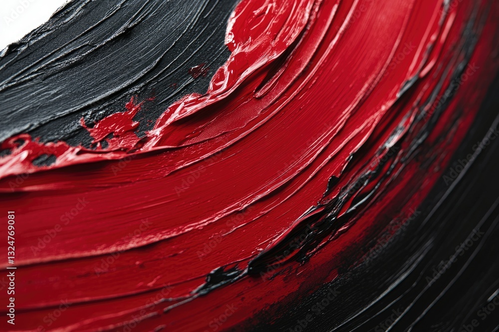 Poster abstract art showcasing bold red and black paint strokes, creating a dynamic and textured visual.