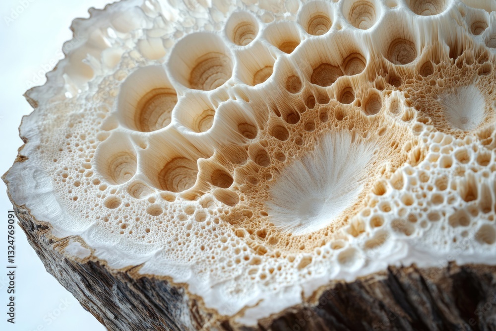 Aufkleber intricate wood cross-section revealing a mesmerizing pattern of bubbles and pores, creating a unique