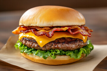 burger with bacon, cheese, and lettuce on a wooden background.