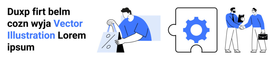 Professionals engaging in a welcoming handshake, a person analyzing data, and a puzzle piece with a gear inside. Ideal for business strategy, partnership, teamwork, project management, office