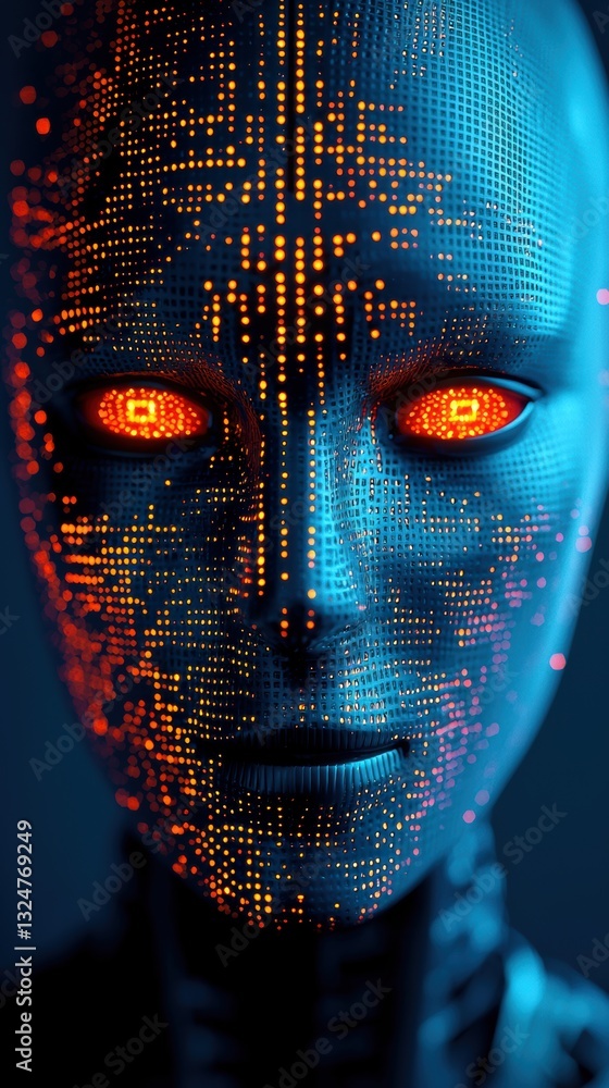 Aufkleber vibrant robotic face displays intricate patterns in a futuristic setting with glowing orange eyes an