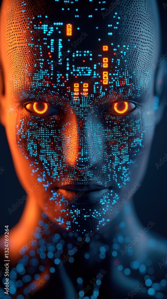 Aufkleber digitally enhanced humanoid figure with glowing orange eyes and a circuit-like pattern illuminated a